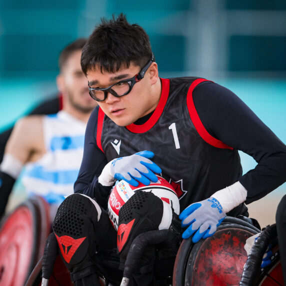 Rio Kanda Kovac in wheelchair rugby action at Santiago 2023