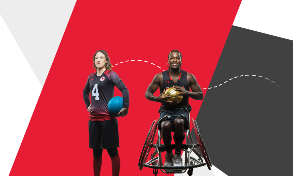 Meghan Mahon with a goalball and Blaise Mutware with a basketball