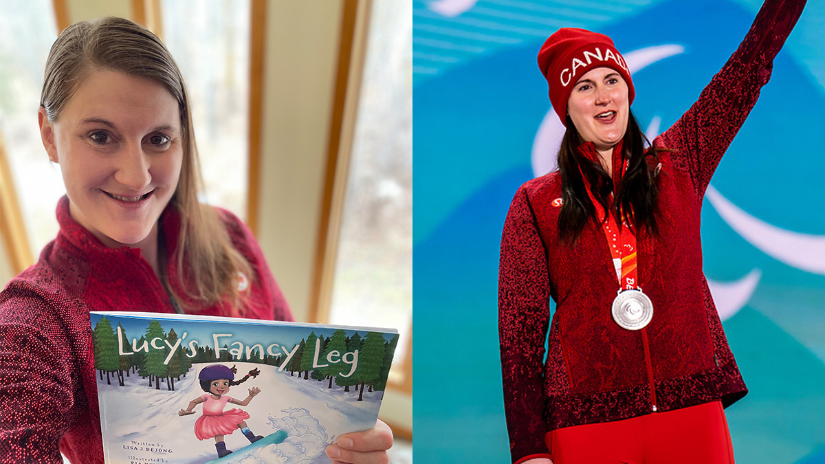 Composite image of two images of Lisa DeJong. On the left, Lisa is taking a selfie photo while holding her debut book Lucy's Fancy Leg" and on the right is an image of Lisa celebrating winning the silver medal at the Beijing 2022 Winter Paralympics."