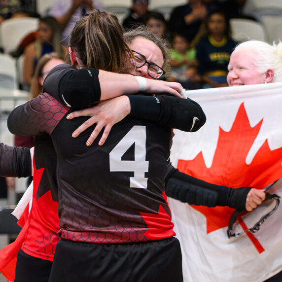 Canadian Goalball athletes celebrating winning gold medal at the Santiago 2023 ParaPan American Games.