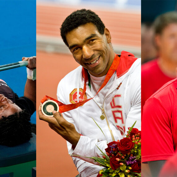 Image of three Black Canadian Paralympians - On the left Powerlifter Sally Thomas, in the middle Para athletics gold medallist Dean Bergeron and on the right is Wheelchair Basketball player Blaise Mutware.