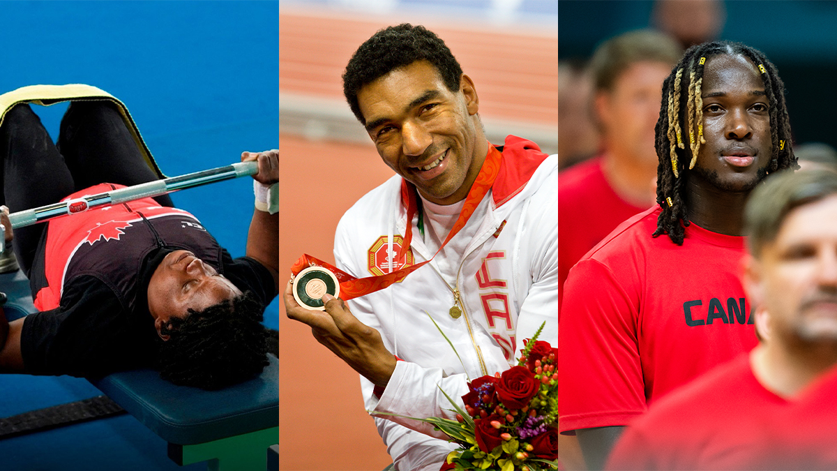 Image of three Black Canadian Paralympians - On the left Powerlifter Sally Thomas, in the middle Para athletics gold medallist Dean Bergeron and on the right is Wheelchair Basketball player Blaise Mutware.