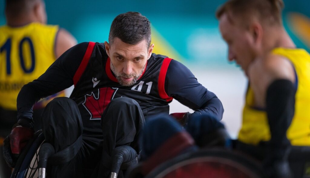 Eric Rodrigues in wheelchair rugby action at Santiago 2023 Parapan Am Games
