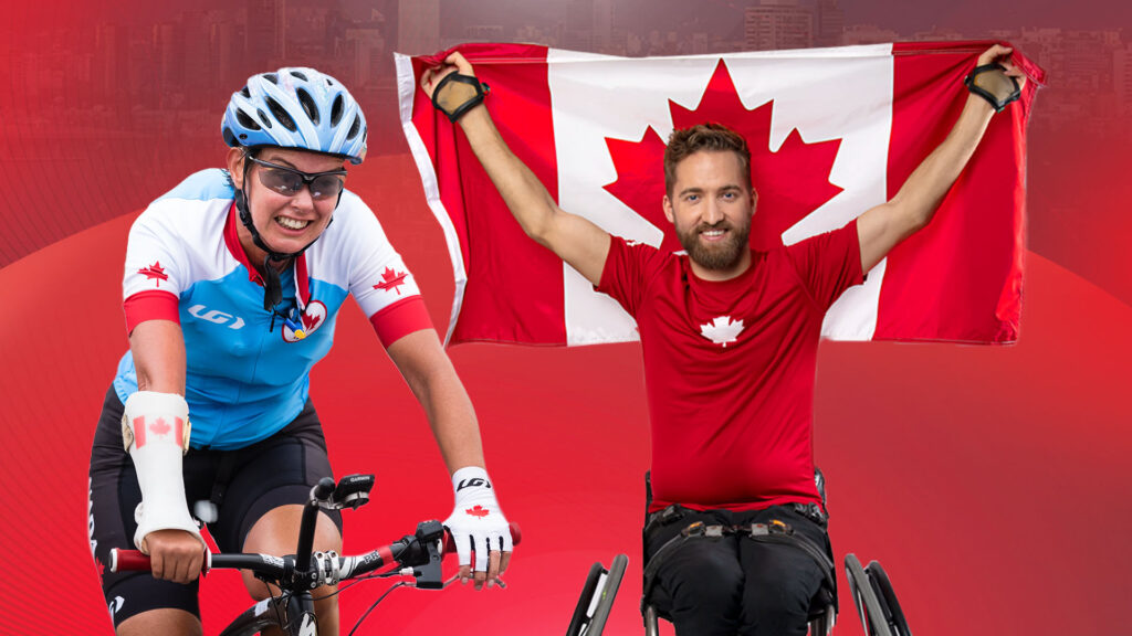 Shelley Gautier on her tricycle and Rob Shaw holding the Canadian flag behind his back