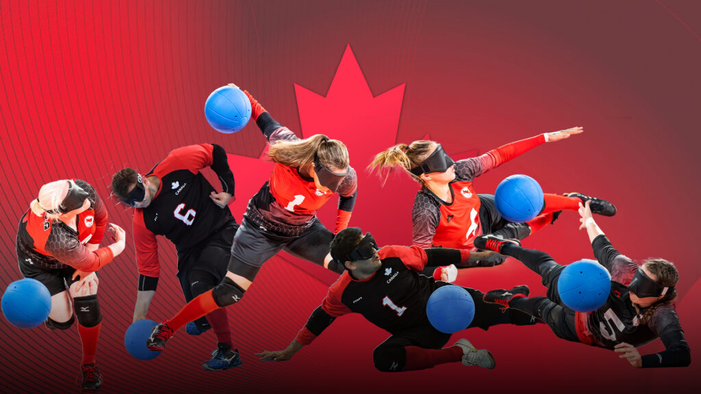 Goalball players in action: Amy Burk, Blair Nesbitt, Maryam Salehizadeh, Ahmad Zeividavi, Meghan Mahon, and Emma Reinke.