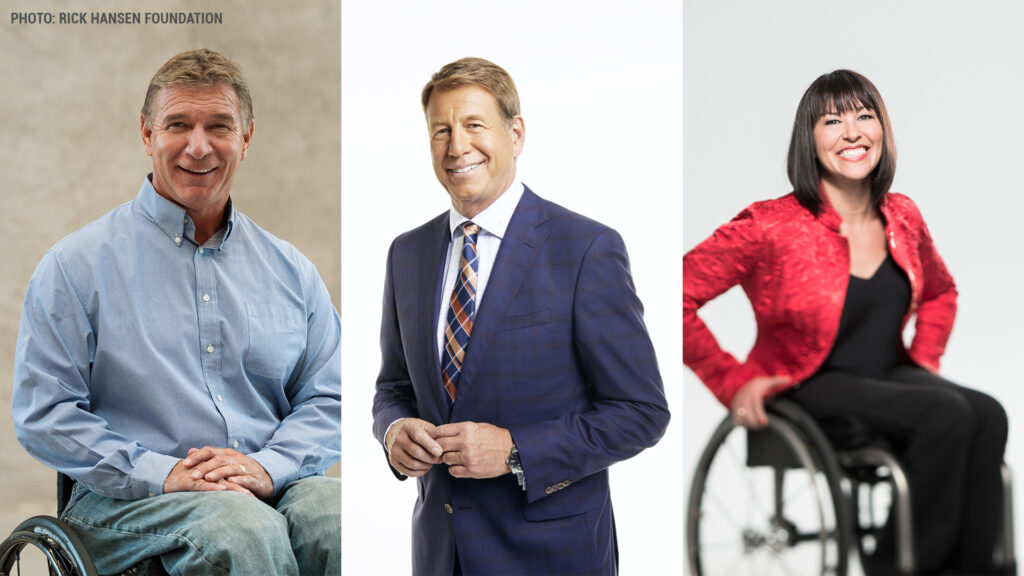 Three photos side-by-side of Rick Hansen, Scott Russell, and Chantal Petitclerc.