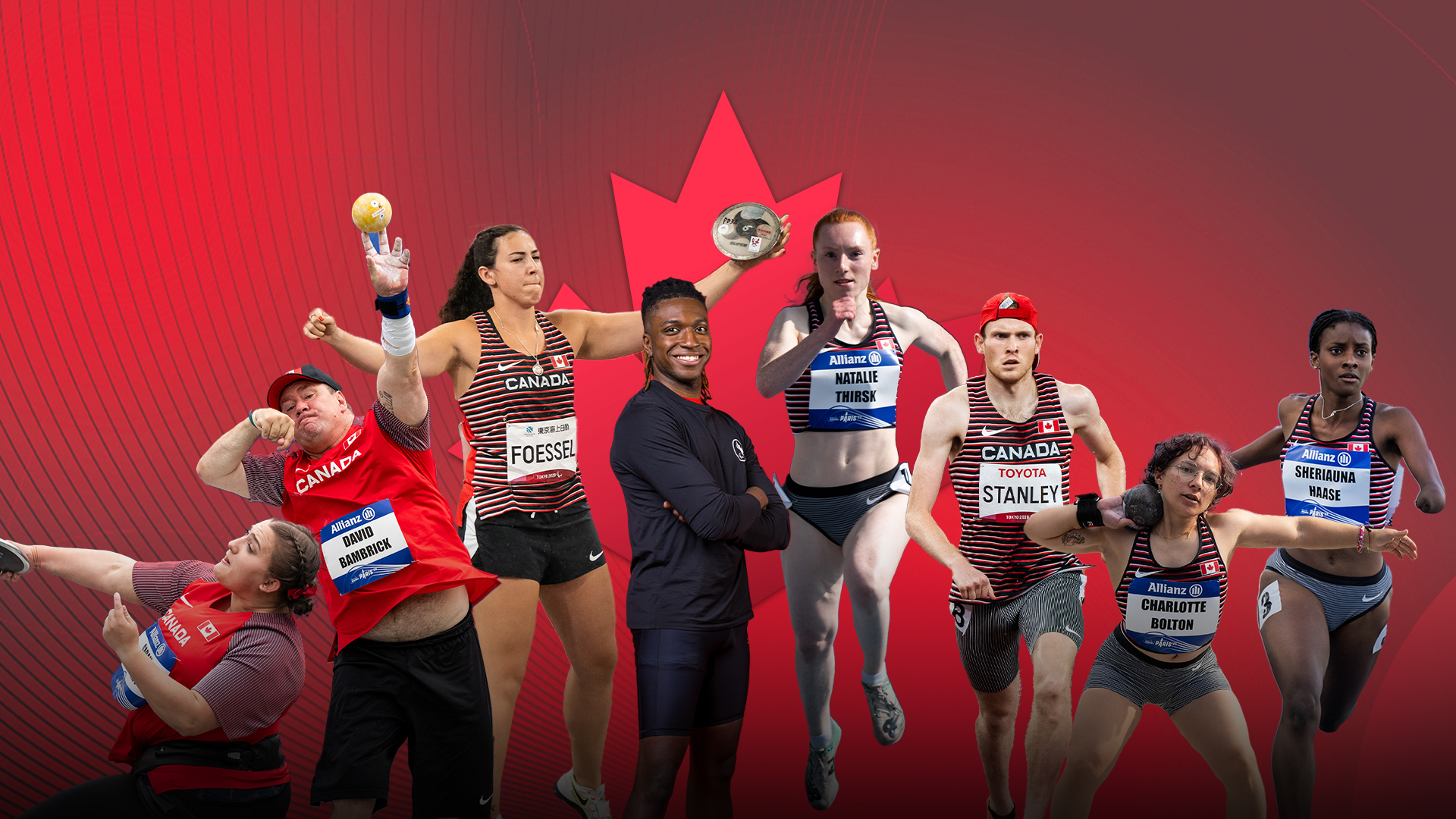 A compilation of action shots of Para athletics athletes Sarah Mickey, David Bambrick, Renee Foessel, Jesse Zesseu, Natalie Thirsk, Liam Stanley, Charlotte Bolton, and Sheriauna Haase