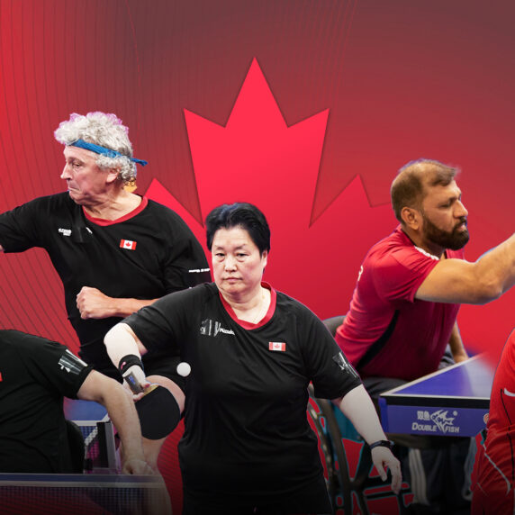 A compilation image of Canadian Para table tennis players Peter Isherwood, Ian Kent, Stephanie Chan, Muhammad Mudassar, and Asad Hussain Syed