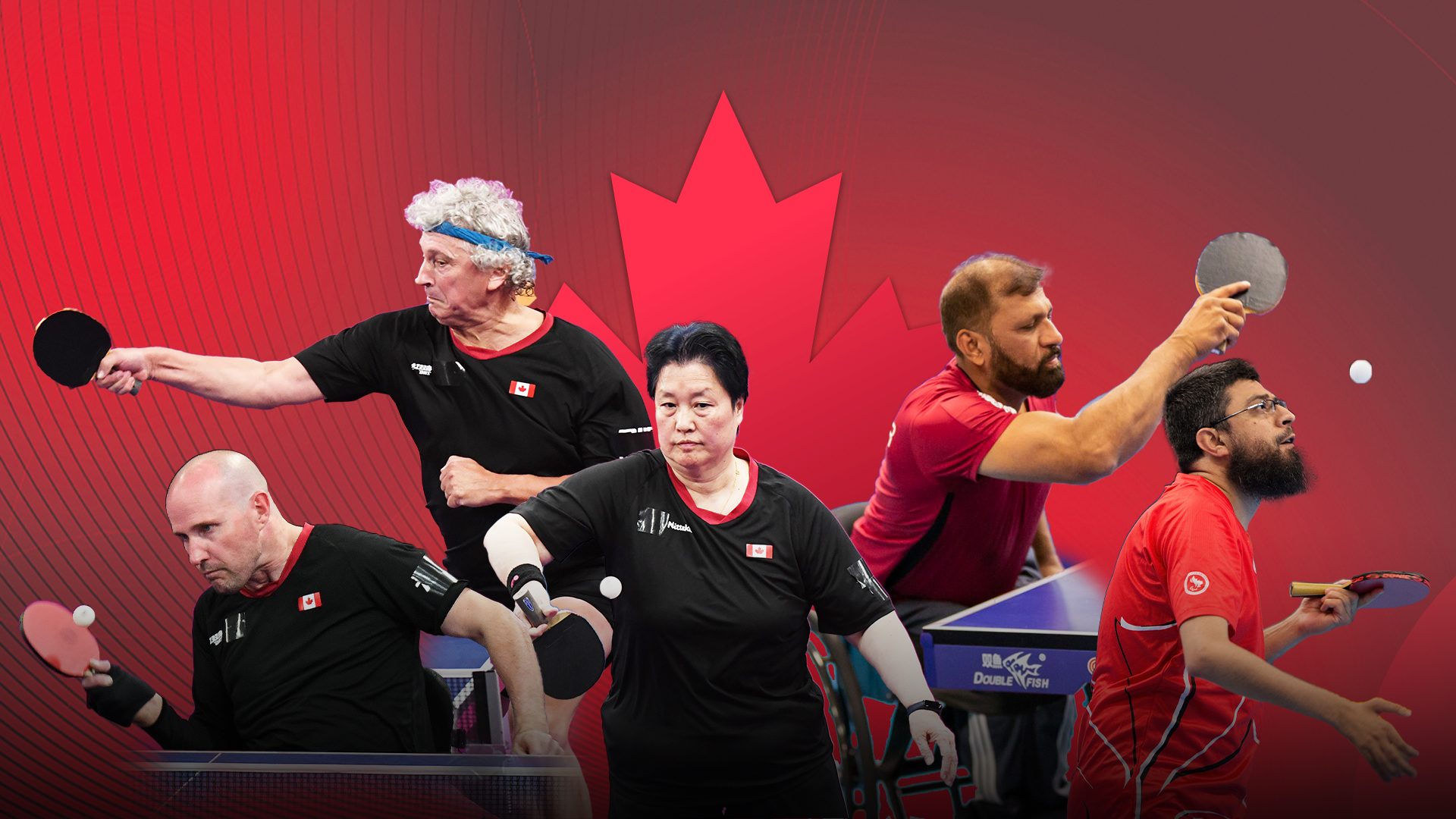 A compilation image of Canadian Para table tennis players Peter Isherwood, Ian Kent, Stephanie Chan, Muhammad Mudassar, and Asad Hussain Syed