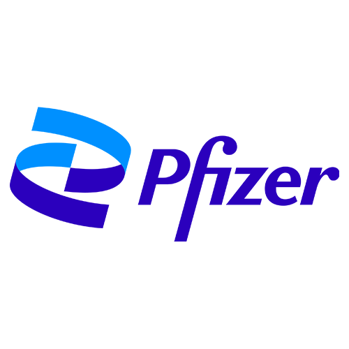 Pfizer logo featuring the company name in bold, modern blue font with a stylized blue ribbon design.