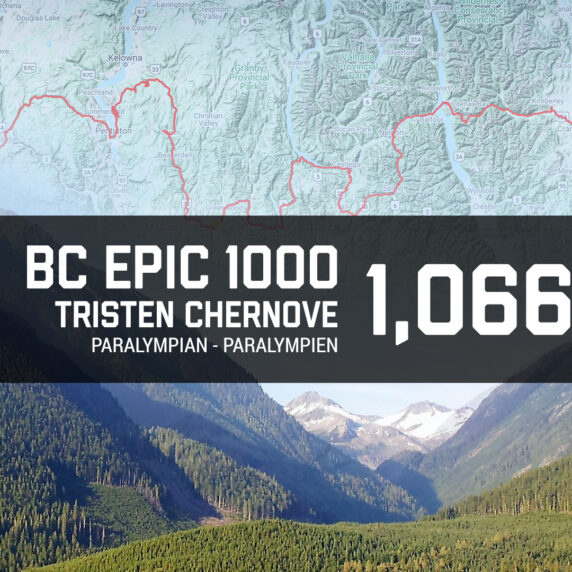 An image of Tristen Chernove on a bike overlaid on the BC Epic 1000 route