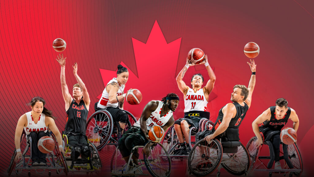 A compilation of actions shots of wheelchair basketball players Puisand Lai, Pat Anderson, Cindy Ouellet, Blaise Mutware, Tara Llanes, Bo Hedges, and Nik Goncin