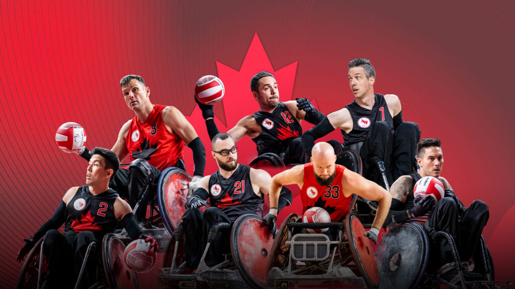 A compilation image of wheelchair rugby players Travis Murao, Mike Whitehead, Anthony Letourneau, Patrice Dagenais, Zak Madell, Byron Green, and Trevor Hirschfield