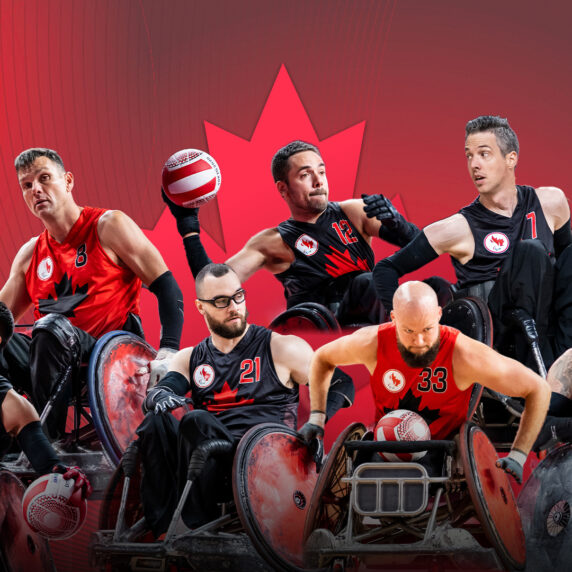 A compilation image of wheelchair rugby players Travis Murao, Mike Whitehead, Anthony Letourneau, Patrice Dagenais, Zak Madell, Byron Green, and Trevor Hirschfield
