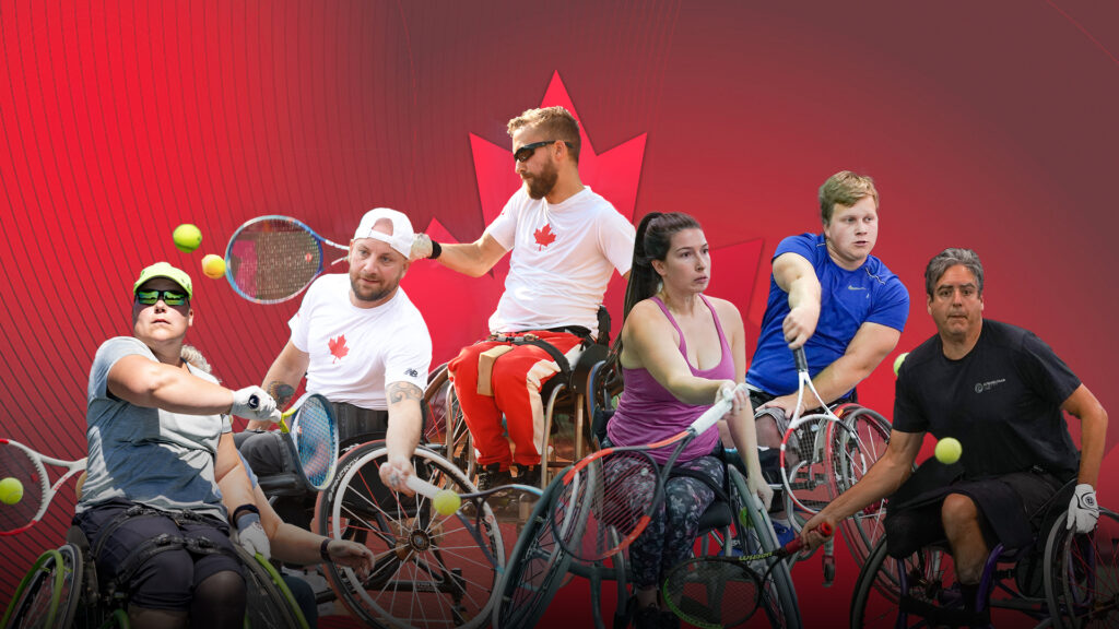 A compilation of action shots of wheelchair tennis players Natalia Lanucha, Mitch McIntyre, Rob Shaw, Anne-Marie Dolinar, Thomas Venos, and Barry Henderson