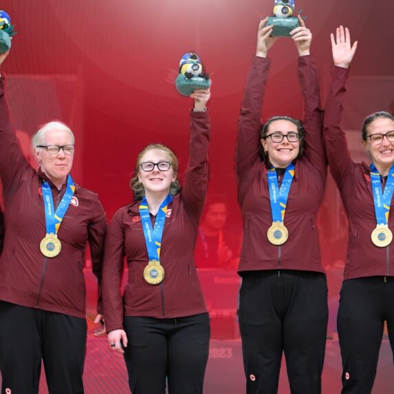 Canada's women's goalball team with their medals - Maryam Salehizadeh, Amy Burk, Brieann Baldock, Emma Reinke, Meghan Mahon, and Whitney Bogart