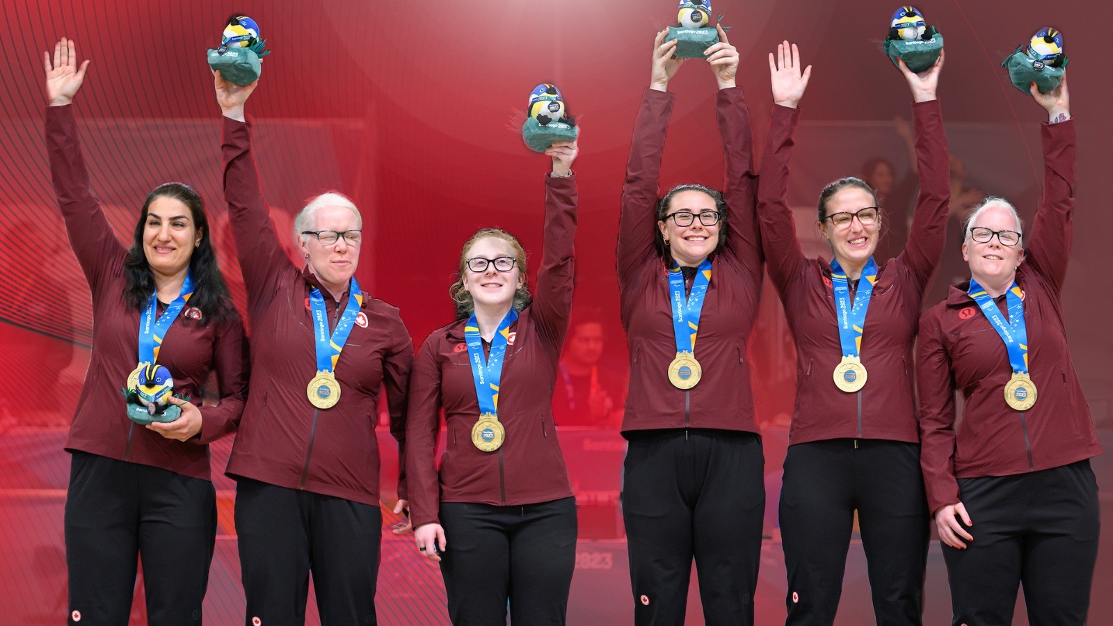 Canada's women's goalball team with their medals - Maryam Salehizadeh, Amy Burk, Brieann Baldock, Emma Reinke, Meghan Mahon, and Whitney Bogart