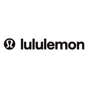 Logo noir de lululemon avec le symbole distinctif en forme stylisé dans un cercle, suivi du mot « lululemon » en minuscules avec une police sans empattement en gras.