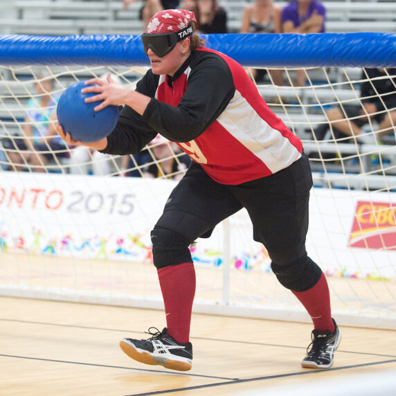 Nancy Morin competes in goalball at the Toronto 2015 Parapan Am Games