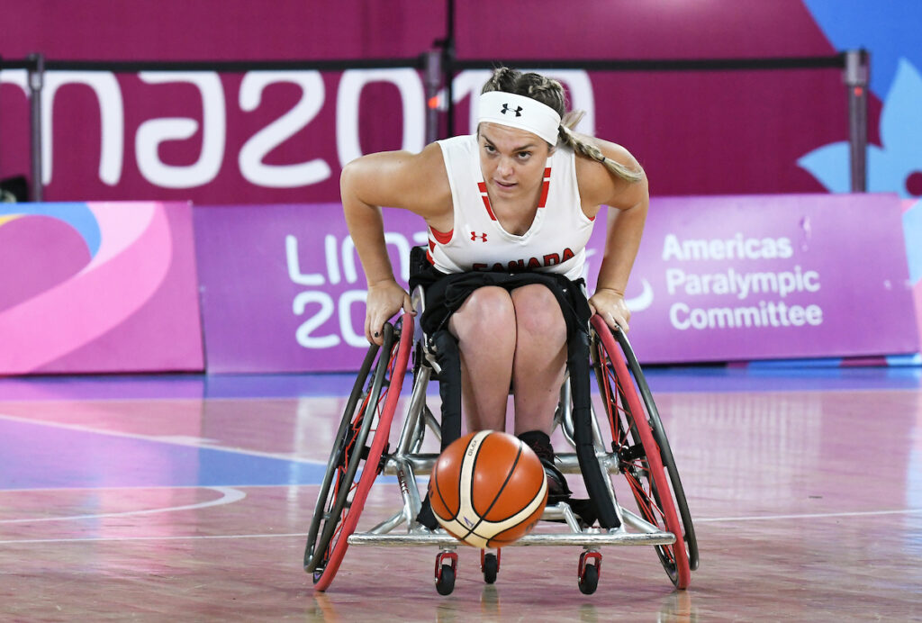 Maude Jacques in wheelchair basketball action at Lima 2019 Parapan Am Games