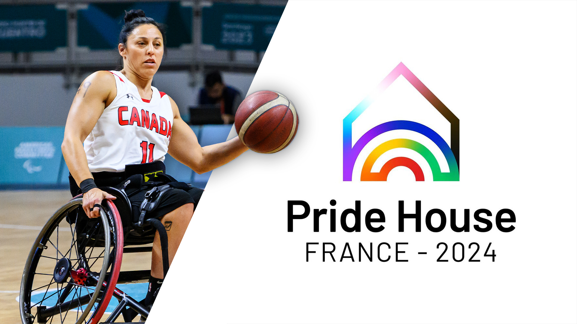 Graphique de la joueuse canadienne de basketball en fauteuil roulant Tara Llanes avec un logo de la Maison de la Fierté Paris 2024.