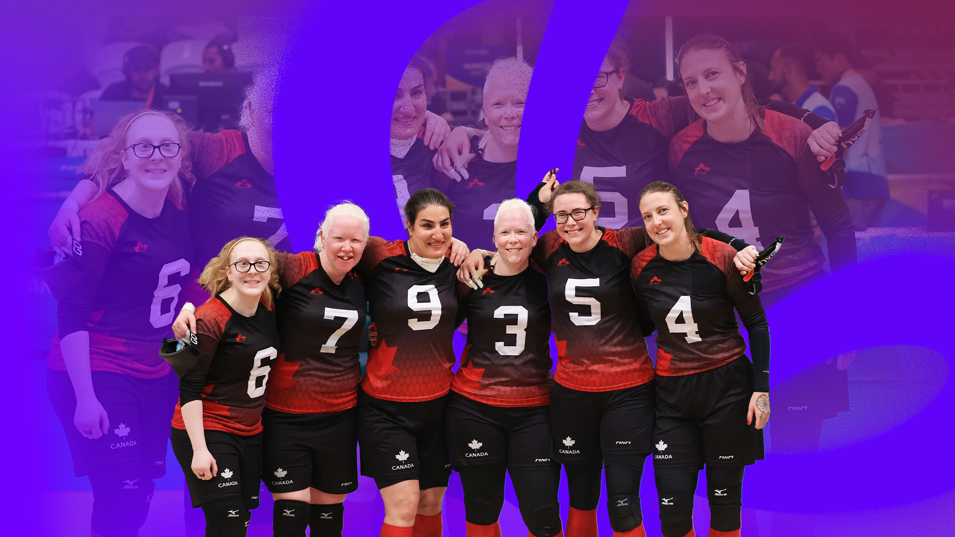 Image graphique de l'équipe féminine canadienne de goalball des Jeux parapanaméricains de Santiago 2023 qui représentera le Canada aux Jeux paralympiques de Paris 2024.