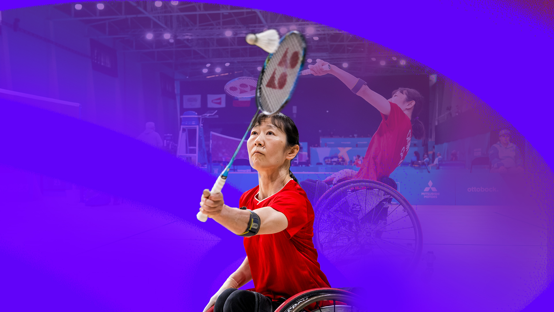 Yuka Chokyu - a Wheelchair Badminton Athlete -holds a badminton racket about to hit a birdy. She's on a purple and blue background.