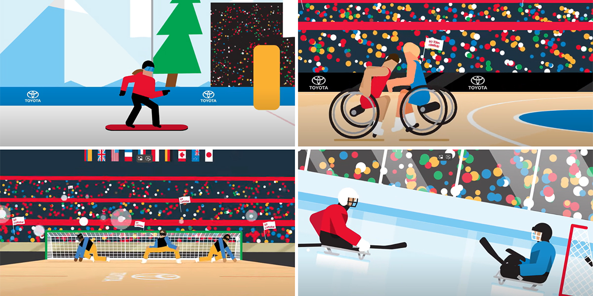 Images d'animation des vidéos de Toyota Canada expliquant les sports paralympiques.