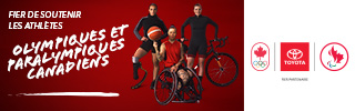 Annonce de Toyota Canada déclarant leur fier soutien à l'équipe paralympique canadienne. L'image présente trois paralympiens : à gauche, la sprinteuse en para-athlétisme Marissa Papaconstantinou posant avec sa lame de course ; au centre, la star canadienne du basketball en fauteuil roulant Cindy Ouellet faisant tourner un ballon de basketball sur son doigt en étant assise dans son fauteuil roulant ; et à droite, la star du para-cyclisme Keely Shaw appuyée contre son vélo.