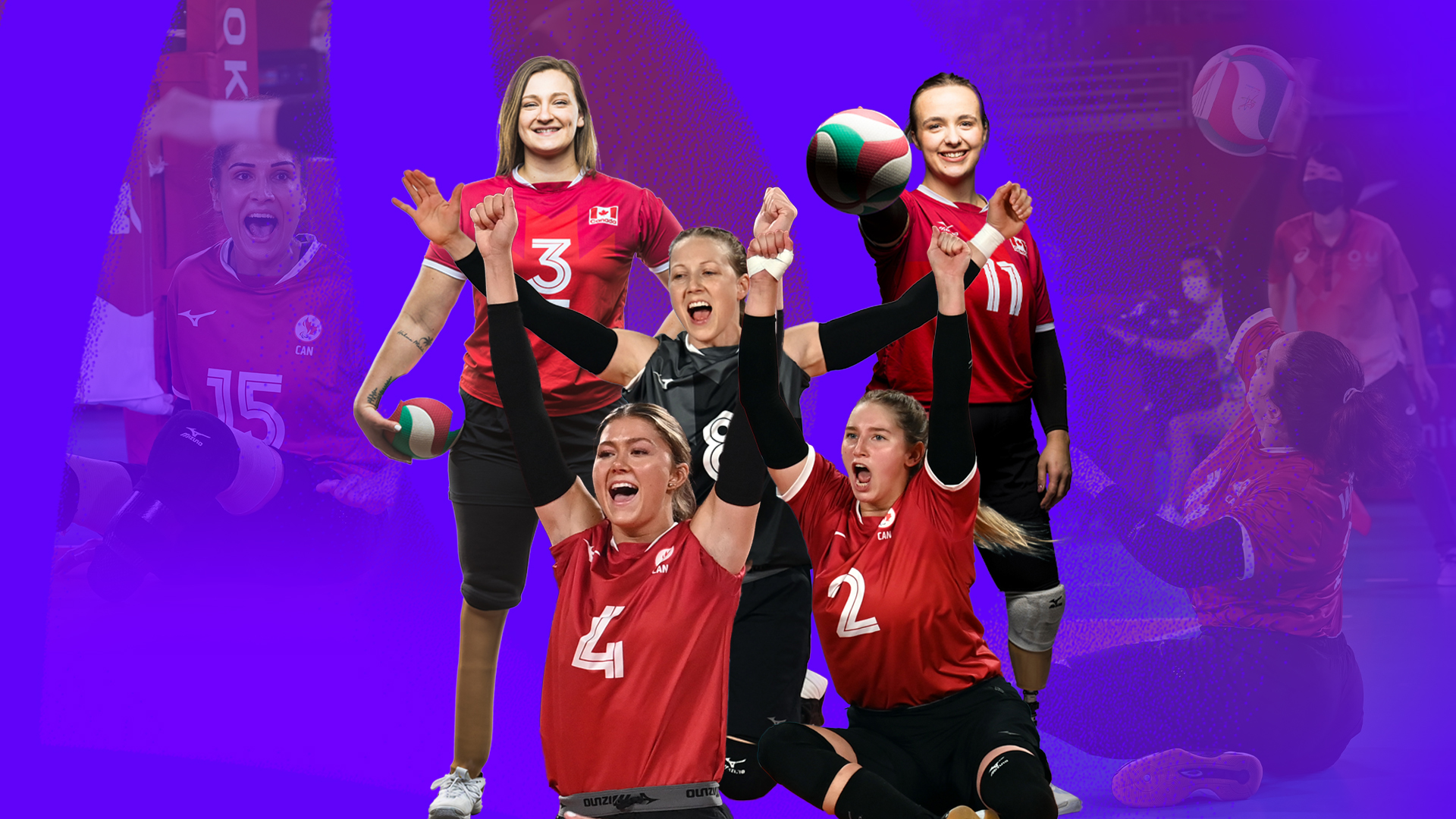 Un collage des joueurs de volley-ball assis canadiens.