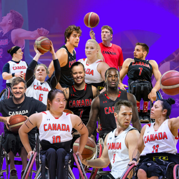 Un collage des joueurs et joueuses de basketball en fauteuil roulant canadiens.