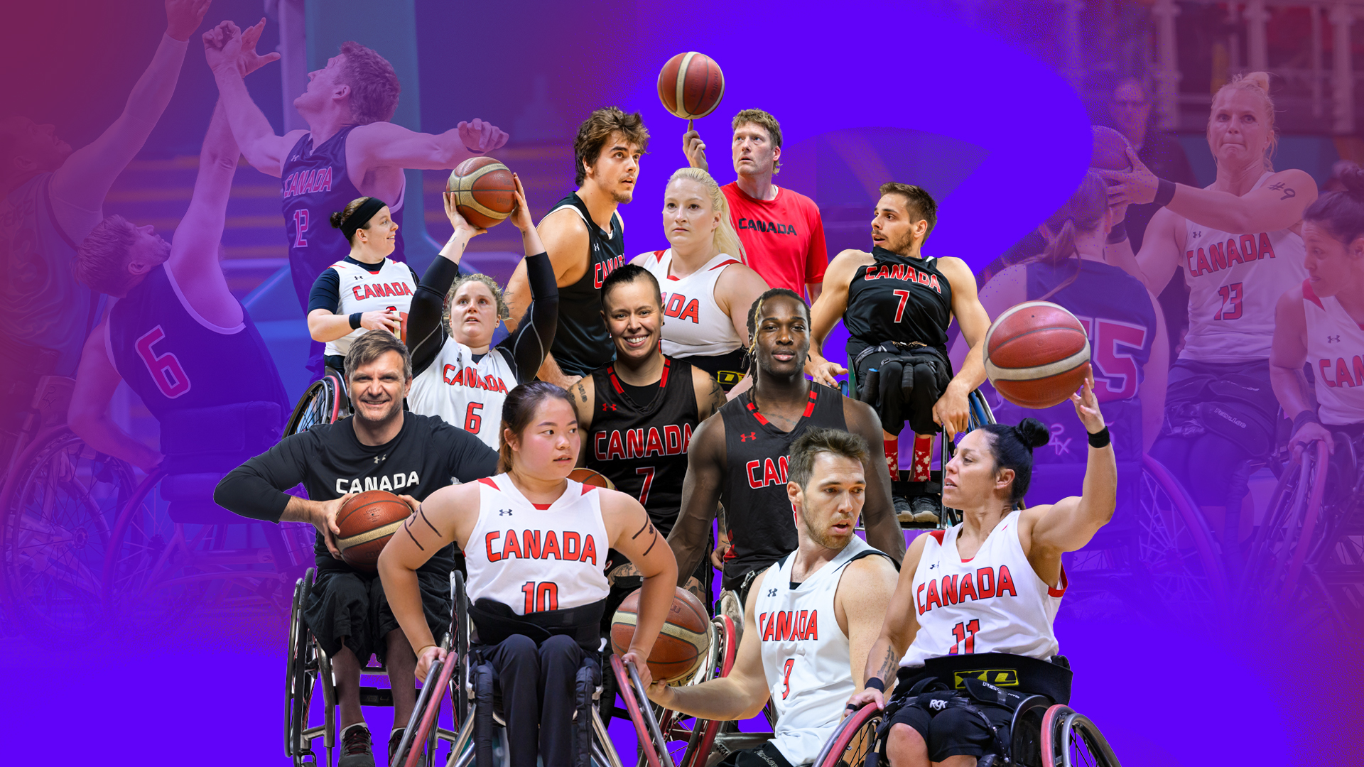 Un collage des joueurs et joueuses de basketball en fauteuil roulant canadiens.