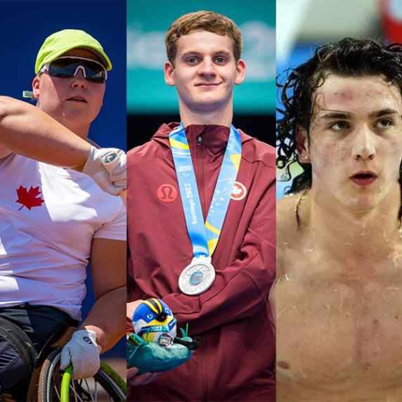 Une image composite de cinq athlètes paralympiques canadiens. De gauche à droite, on trouve la lanceuse Katie Pegg, puis la joueuse de tennis en fauteuil roulant Natalia Lanucha, au centre le joueur de parabadminton William Roussy, ensuite le nageur paralympique Reid Maxwell, et enfin la lanceuse Ashlyn Renneberg.