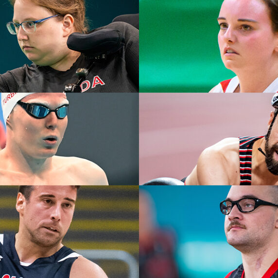 Une image composite de portraits de six paralympiens canadiens en action. En haut à gauche, il s'agit de la joueuse de boccia Alison Levine; au milieu, sur le côté gauche, on trouve le nageur paralympique Nicolas-Guy Turbide; dans le coin inférieur gauche, le joueur de basketball en fauteuil roulant Jonathan Vermette; dans le coin supérieur droit, la joueuse de basketball en fauteuil roulant Élodie Tessier; au milieu, sur le côté droit, le coureur en fauteuil roulant Brent Lakatos; et dans le coin inférieur droit, le joueur de rugby en fauteuil roulant Anthony Letourneau