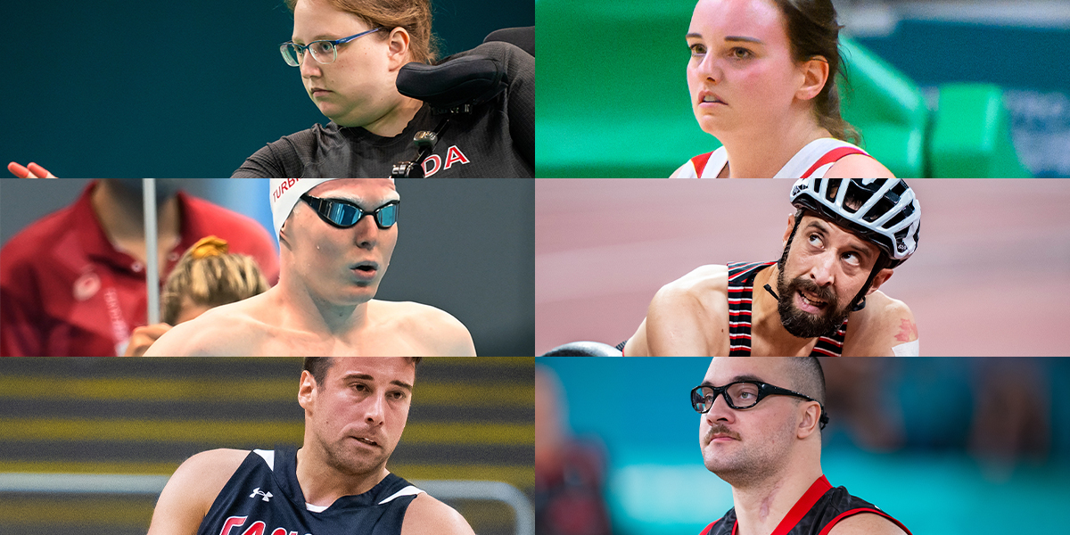 Une image composite de portraits de six paralympiens canadiens en action. En haut à gauche, il s'agit de la joueuse de boccia Alison Levine; au milieu, sur le côté gauche, on trouve le nageur paralympique Nicolas-Guy Turbide; dans le coin inférieur gauche, le joueur de basketball en fauteuil roulant Jonathan Vermette; dans le coin supérieur droit, la joueuse de basketball en fauteuil roulant Élodie Tessier; au milieu, sur le côté droit, le coureur en fauteuil roulant Brent Lakatos; et dans le coin inférieur droit, le joueur de rugby en fauteuil roulant Anthony Letourneau