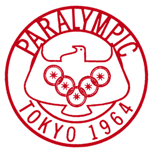 Logo circulaire rouge des Jeux paralympiques de Tokyo 1964, avec cinq cercles rouges entrelacés au centre représentant le symbole paralympique de l’époque, accompagné du mot « PARALYMPIC » en haut et « TOKYO 1964 » en bas dans une police stylisée.