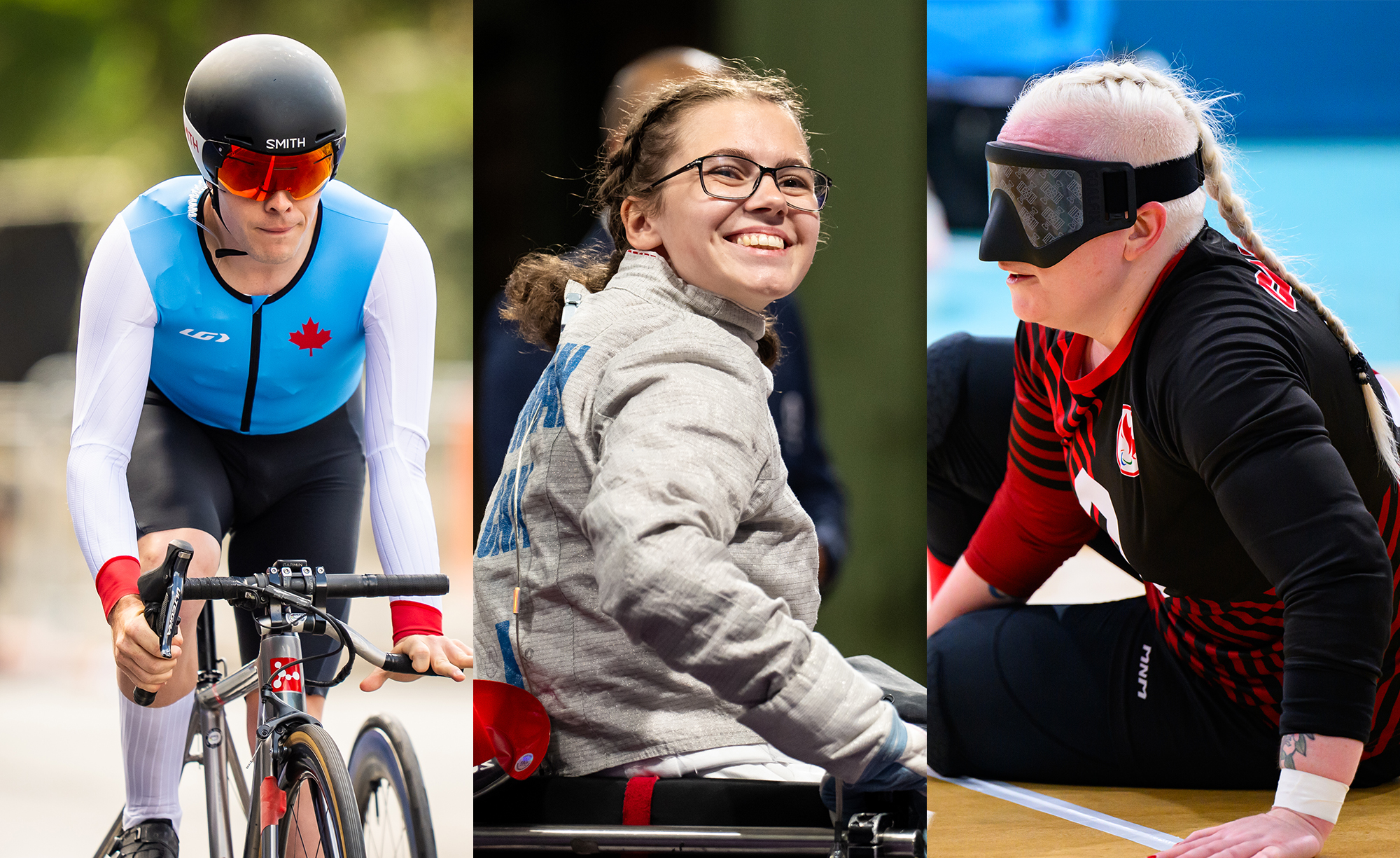 Un collage mettant en vedette trois paralympiens canadiens : Nathan Clement, cycliste paralympique, vêtu d’une combinaison bleu et blanc avec une feuille d’érable rouge, concentré pendant une course; Trinity Lowthian, escrimeuse en fauteuil roulant, souriante avec confiance après un match, portant une veste d’escrime argentée; et Whitney Bogart, joueuse de goalball, dans un maillot noir et rouge avec un bandeau sur les yeux, concentrée pendant un match.