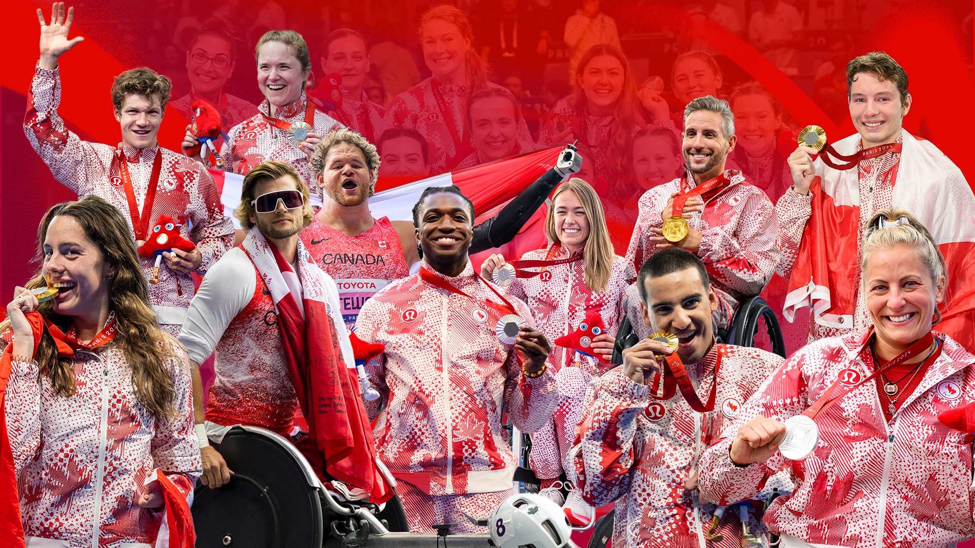 Collage d’athlètes paralympiques canadiens célébrant leurs réussites aux Jeux paralympiques, vêtus des uniformes rouge et blanc de l’équipe du Canada et montrant fièrement leurs médailles et sourires sur un fond rouge vibrant.