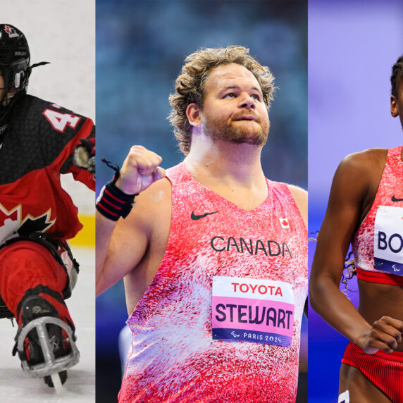 Trois athlètes paralympiques canadiens en action. À gauche, une joueuse de para-hockey sur glace portant un chandail rouge et noir d'Équipe Canada avance sur la glace. Au centre, un lanceur de poids en tenue rouge et blanche d'Équipe Canada serre le poing avec détermination. À droite, une sprinteuse en uniforme rouge d'Équipe Canada semble concentrée pendant une course aux Jeux paralympiques de Paris 2024.