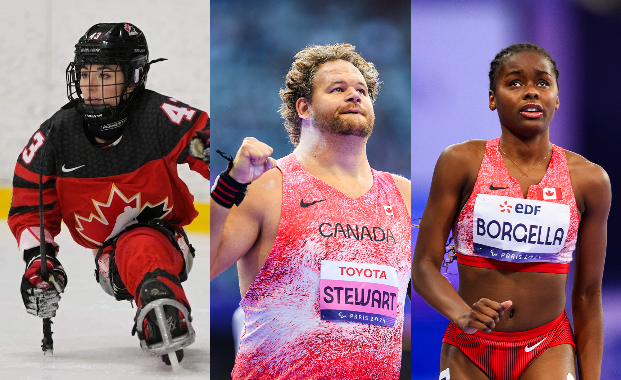 Trois athlètes paralympiques canadiens en action. À gauche, une joueuse de para-hockey sur glace portant un chandail rouge et noir d'Équipe Canada avance sur la glace. Au centre, un lanceur de poids en tenue rouge et blanche d'Équipe Canada serre le poing avec détermination. À droite, une sprinteuse en uniforme rouge d'Équipe Canada semble concentrée pendant une course aux Jeux paralympiques de Paris 2024.