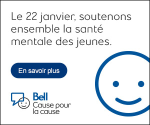 Bannière promouvant la Journée Bell Cause pour la cause le 22 janvier, encourageant le soutien à la santé mentale des jeunes. Comprend une icône de visage souriant, un bouton 'En savoir plus', et le logo Bell Cause pour la cause.