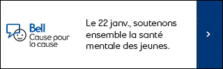 Bannière promouvant la Journée Bell Cause pour la cause le 22 janvier, encourageant le soutien à la santé mentale des jeunes. Comprend une icône de visage souriant, un bouton 'En savoir plus', et le logo Bell Cause pour la cause.