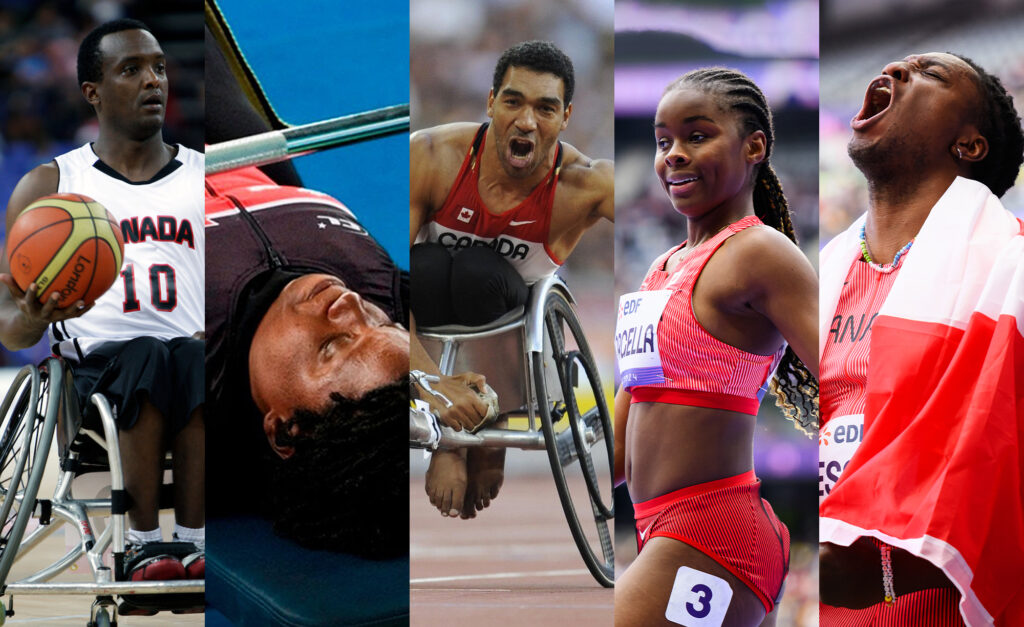 A collage of five Black Canadian Paralympians and Para athletes in action. From left to right: A male wheelchair basketball player wearing a Team Canada jersey holds a basketball; a female Para powerlifter lies on a bench, preparing to lift weights; a male wheelchair racer pushes forward with intensity on the track; a female sprinter in a red Team Canada uniform smiles confidently; and a male athlete draped in a Canadian flag celebrates with an emotional roar.