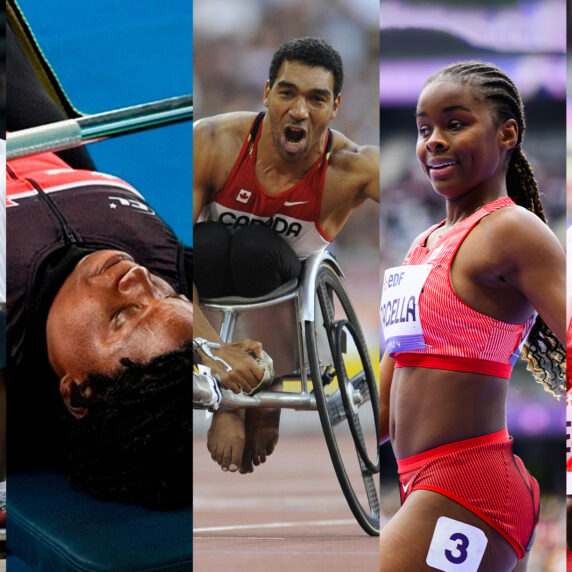 A collage of five Black Canadian Paralympians and Para athletes in action. From left to right: A male wheelchair basketball player wearing a Team Canada jersey holds a basketball; a female Para powerlifter lies on a bench, preparing to lift weights; a male wheelchair racer pushes forward with intensity on the track; a female sprinter in a red Team Canada uniform smiles confidently; and a male athlete draped in a Canadian flag celebrates with an emotional roar.