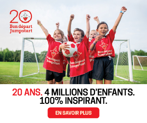 Quatre enfants souriants en chandails Bon départ crient de joie sur un terrain de soccer. Texte : « 20 ANS. 4 MILLIONS D’ENFANTS. 100 % INSPIRANT. »