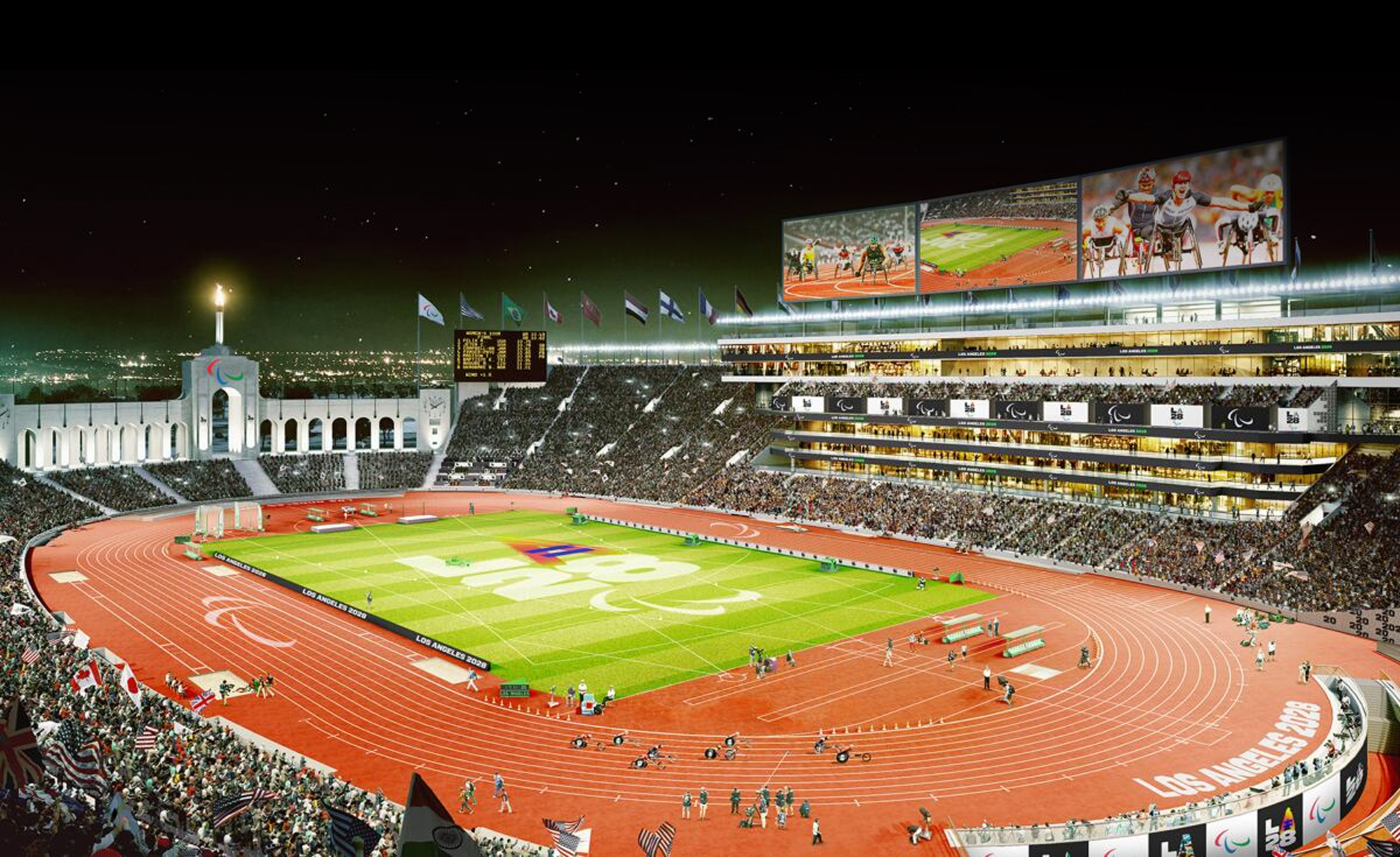Rendu nocturne du Los Angeles Memorial Coliseum illuminé pour les Jeux paralympiques de LA28, avec un stade plein à craquer, le symbole paralympique au centre du terrain, des drapeaux flottant au sommet et de grands écrans diffusant des épreuves d’athlétisme paralympique.