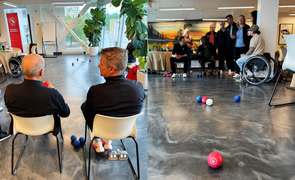 Composite image of the Canadian Paralympic Committee Board of Directors participating in a friendly game of Boccia during their retreat. The left photo shows two board members seated and preparing to throw red Boccia balls toward the white jack ball, while the right photo shows a group of board members watching and laughing as they gather near the court, with Boccia balls scattered on the floor.