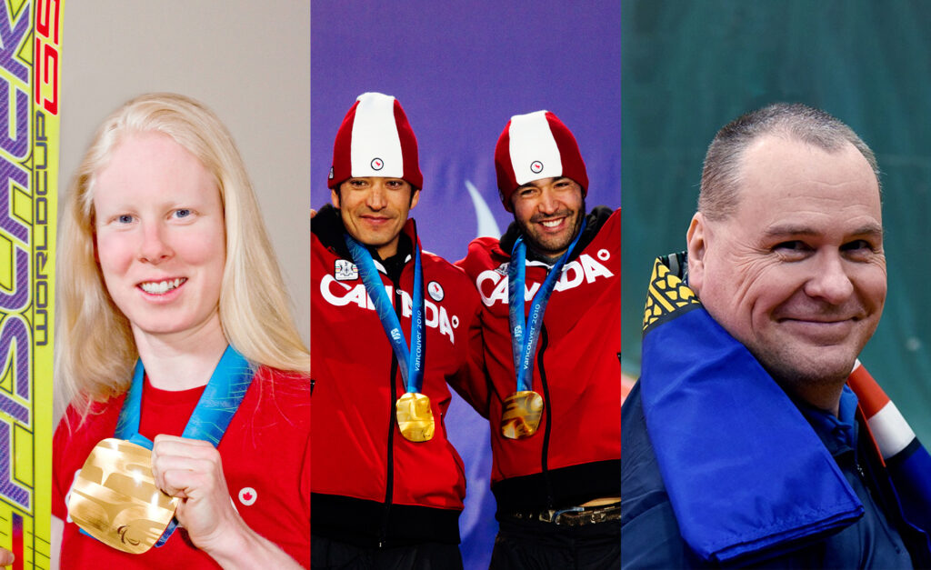 Image composite de quatre paralympiens canadiens honorés au Temple de la renommée du sport de l’Alberta : Viviane Forest tenant sa médaille d’or et ses skis ; Robin et Brian McKeever souriant avec leurs médailles d’or de Vancouver 2010 vêtus de vestes rouges CANADA et de tuques ; et Ross Norton souriant avec un drapeau provincial sur l’épaule.