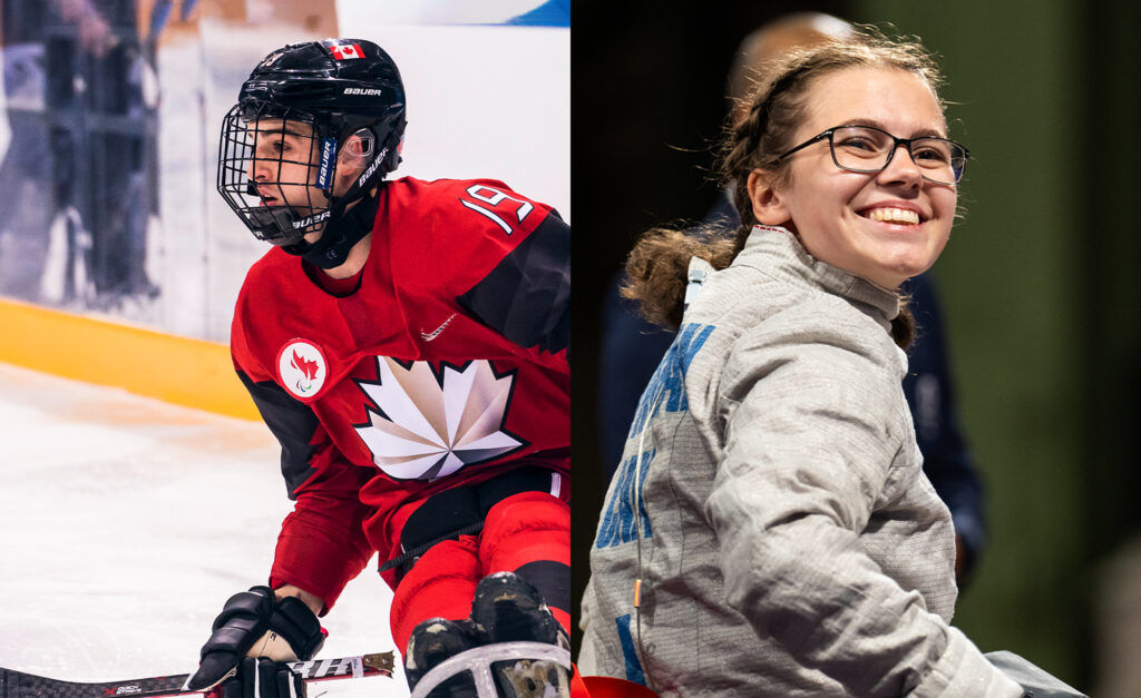 Image composite du joueur canadien de para-hockey Dominic Cozzolino en uniforme rouge de l'équipe du Canada sur la glace, et de l’escrimeuse canadienne en fauteuil roulant Trinity Lowthian souriante en tenue de compétition pendant un match.