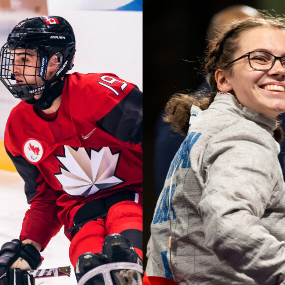 Image composite du joueur canadien de para-hockey Dominic Cozzolino en uniforme rouge de l'équipe du Canada sur la glace, et de l’escrimeuse canadienne en fauteuil roulant Trinity Lowthian souriante en tenue de compétition pendant un match.